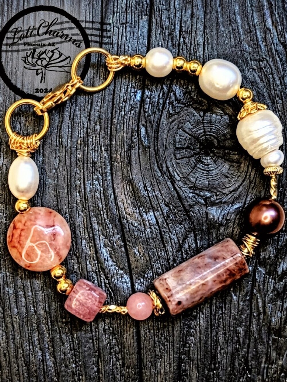 Genuine Red Cherry Jade Baroque Pearls In Assymetrical Unique Artisan Bracelet